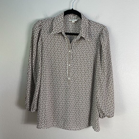Max Studio Womens Medium Chain Link Print Blouse Button Up Long Sleeve Shirt Top - Picture 8 of 12